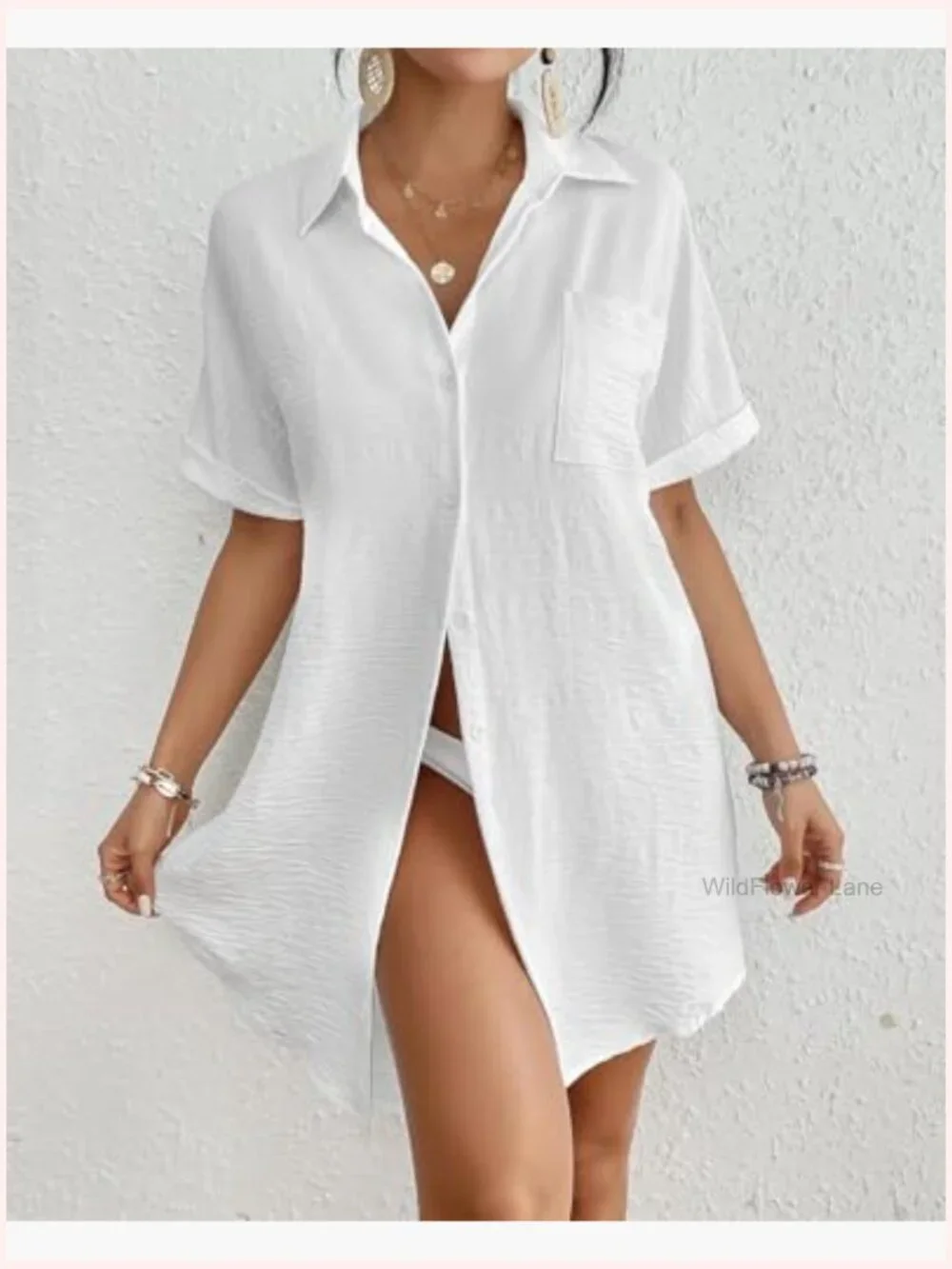 Short Sleeve Button Down Shirt Dress Cover Up Beach Vacation Outfit